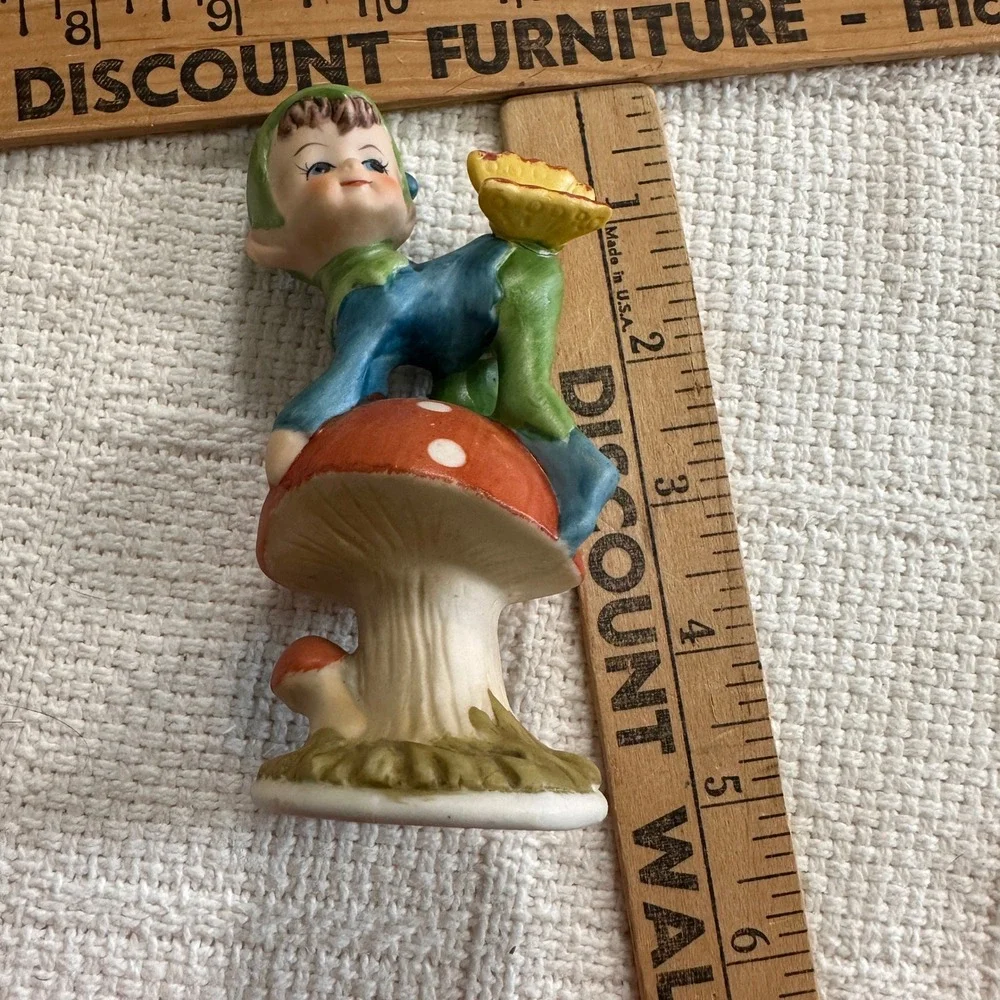 VTG Pixie Elf Mushroom Figurine Ceramic Butterfly Kitsch Cottage 50s 60s - Picture 8 of 9